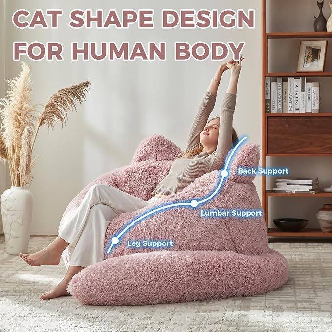 Bean Bag Chair for Adults Teen,Giant Bean Bag Chairs Cat Design,Plush Faux Fur Beanbag Couch Comfy Accent Floor Sofa for Reading, Playing, Relaxing in Living Room, Bedroom