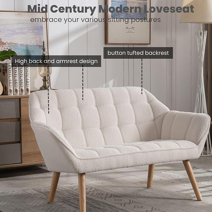 48" White Small Loveseat Sofa, Comfy Faux Fur 2-Seat Love Seat with Wood Legs, Modern Tufted Wingback Upholstered Sofa Couch for Small Space Living Room Bedroom Apartment