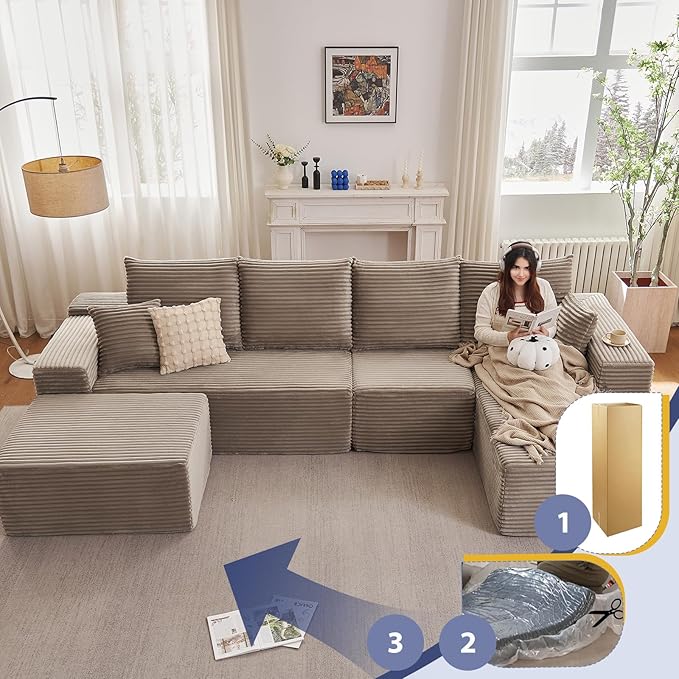 135.4" Cloud Sectional Couch with Ottoman,Modern U-Shaped Cloud Couch with Deep Seat,Comfy Corduroy 4-Seater Sofa,Memory Foam Sofa for Living Room,No Assembly (Camel,Right-Facing Chaise)