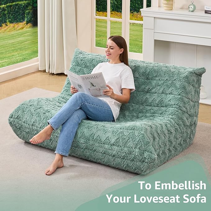 Bean Bag Chairs for Adults Giant Bean Bag Chair Memory Foam BeanBag Chair Bean Bag Sofa with Filler Faux Fur Fireside Beanbags Lazy Sofa for Living Room Bedroom Office (Green Chevron, Loveseat)