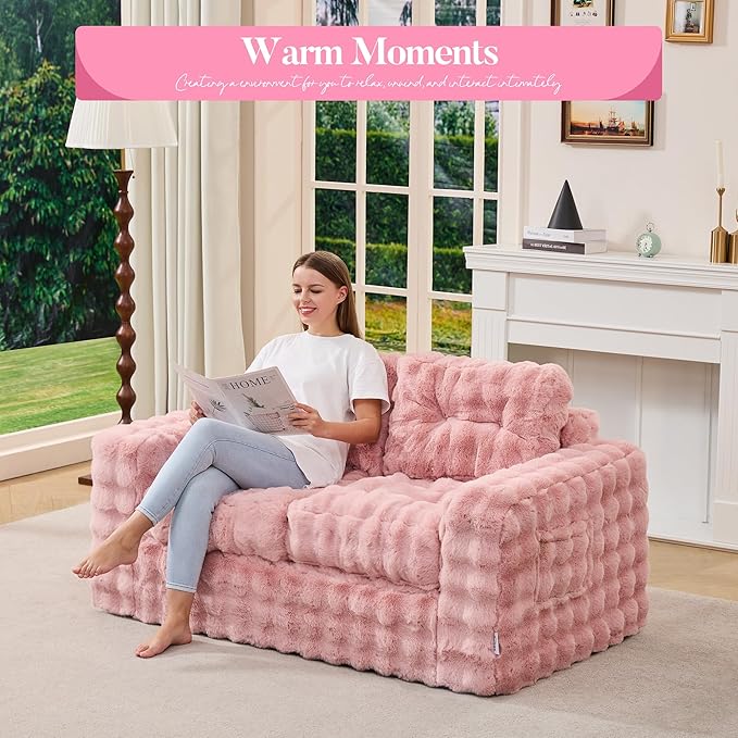 Hobestluk Sofa Couch Loveseat Sofa with Bubble Fabric 2-Seater Sofa for Small Spaces Comfortable Foam Floor Sofa 2 in 1 Boneless Couch for Living Room Bedroom Apartment or Office (Pink, Loveseat)