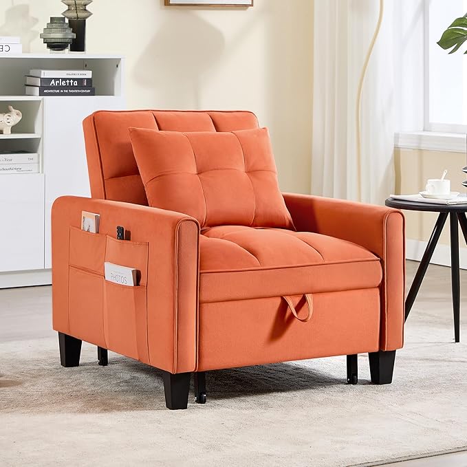 choairy Convertible Sleeper Chair, 3 in 1 Sleeper Chair Bed Pull Out Sofa Bed Chair, Velvet Single Sofa Bed Adjustable Backrest Chair Bed Sleeper for Adults Reading Living Room, Bedroom, Orange