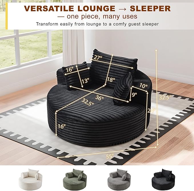 55'' Oversized Round Boneless Chaise Lounge Chair Indoor, Upholstered Corduroy Deep Seat Cloud Large Circle Sofa Couches Bed Corduroy Modern Floor No Assembly Sleeper Bed for Living Room, Bedroom