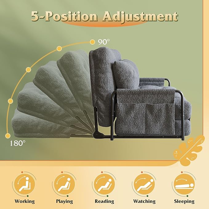 WLIVE Futon Sofa Bed with Adjustable Backrest, Bean Bag Chairs for Adults, Floor Couch with Armrest, Pillow, Low Profile Floor Seating for Living Room, Reading, Bedroom, Loveseat, Grey