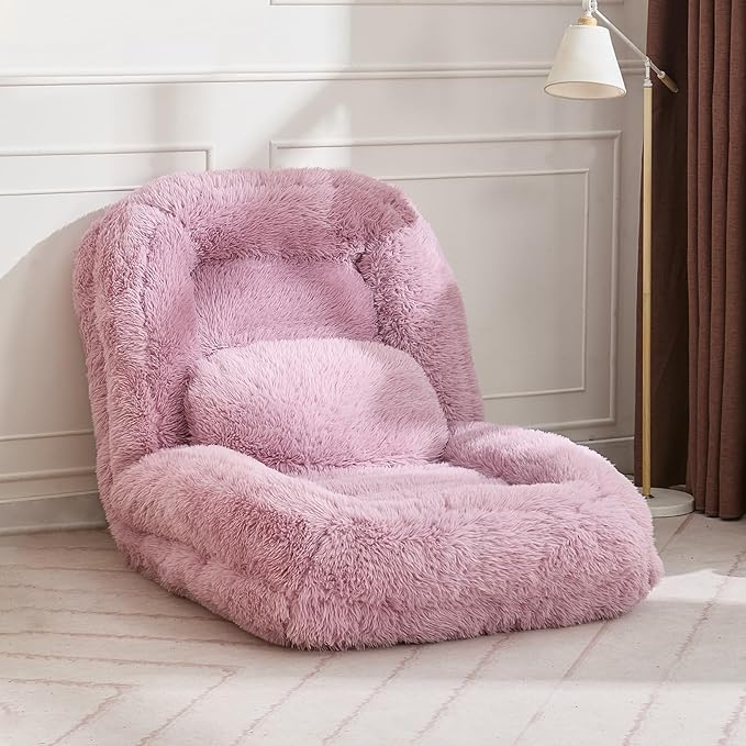 Upholstered Human Dog Bed for Adult & Pets, Convertible Lazy Sofa Bed with 5 Adjustable Position, Comfy Tatami Bean Bag Lounge Chair with 2 Soft Pillows for Bedroom Living Room (Pink Fluffy)