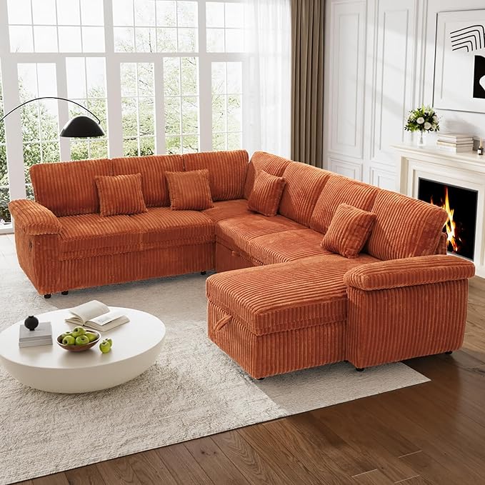 Modular Sectional Sleeper Sofa with Pull Out Bed, Storage Chaise & USB Charging, U Shaped Plush Corduroy Orange Sectional Couches for Living Room, Comfy Convertible 7 Seat Cloud Sofa Bed Orange