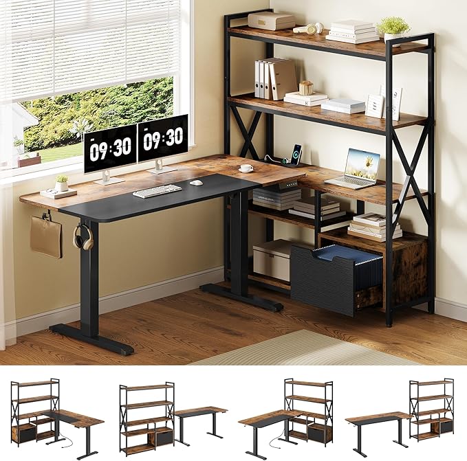 77.8 Inches L Shaped Standing Desk Corner Desk with Hutch Electric Height Adjustable Desk with Storage Shelves File Drawer Power Outlets Reversible Computer Gaming Desk for Home Office Brown