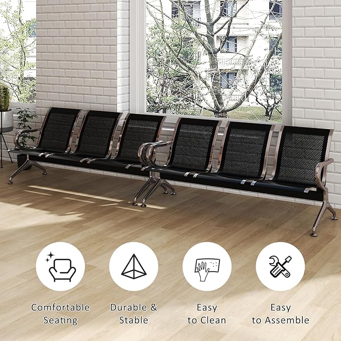 Kinfant 3-Seat Waiting Room Chair Set- 2 Pieces Office Guest Reception Seats Waiting Room Bench with Armrest for Airport, Hospital, Bank, Salon, Barbershop, Hall(Black Mesh)