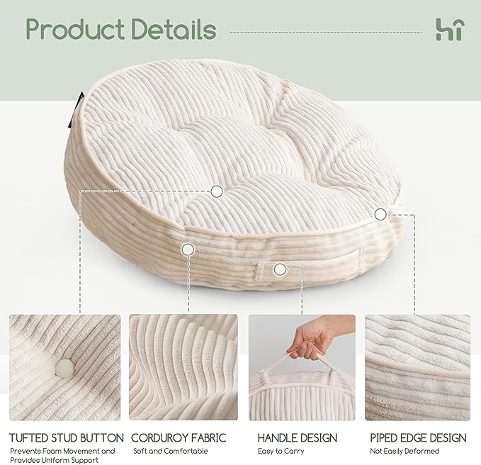 HIGOGOGO Washable Floor Pillow Cushion for Adults, Meditation Cushion Pillow, Large Round Floor Sitting, Removable Tufted Corduroy Cover, for Tatami Living Room or Yoga, 22x22 Inch, Machine Washable