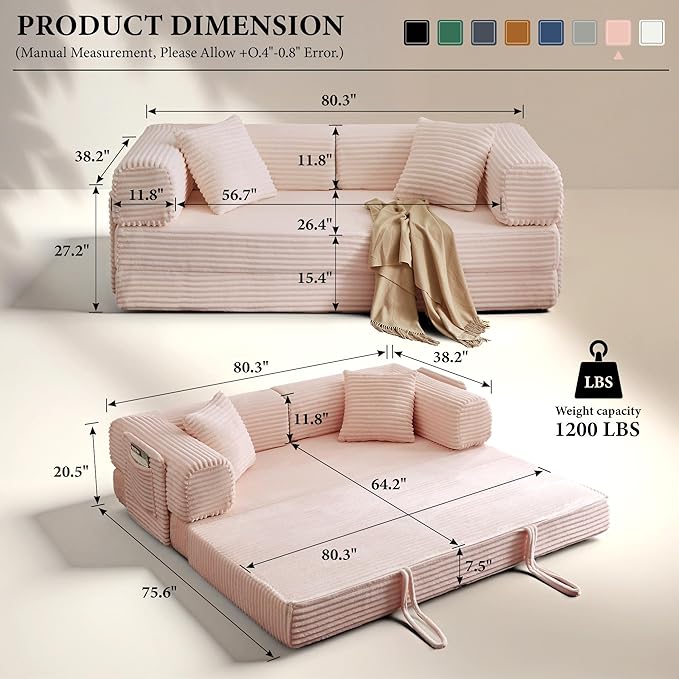 Chorlenimi Boneless Couch Futon Sofa Bed Sectional Couches for Living Room,Cloud Couch with Sleeper Sofa,Sofas for Living Room Oversized Corduroy Upholstered (Pink, 81 Inches (with Iron Frame))