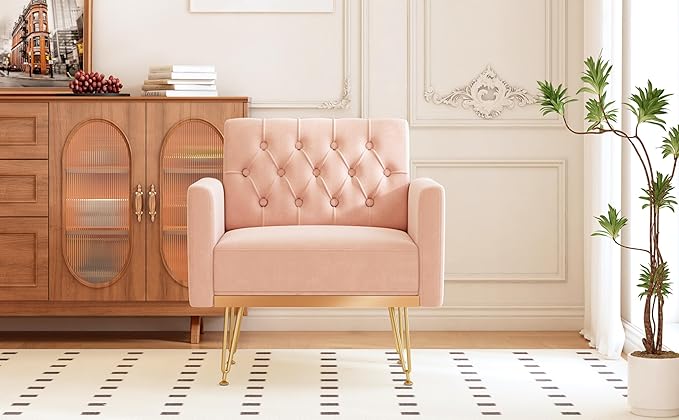 Accent Chair for Living Room, Comfy Oversized Velvet Upholstered Arm Chairs, Mid Century Modern Reading Single Sofa Side Chair with Tufted Back and Gold Legs for Bedroom (2, Pink)