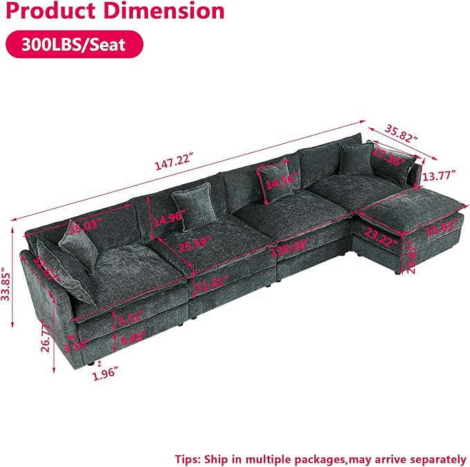 Aoowow Modular Sectional Sofa Modern Convertible L Shaped Couch,147.2 Inch Deep 4-Seater Sofas Set Comfy Chenille Cloud Sofas and Couches with Movable Ottoman for Living Room Apartment（Grey）