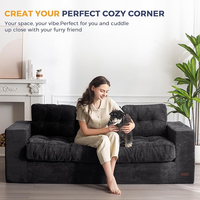 MAXYOYO 3 Seater Couch for Living Room, Boneless Couch with Tufted Cushion & Backrest, Upholstered Floor Sofa for Adults, No Assembly Required, Black