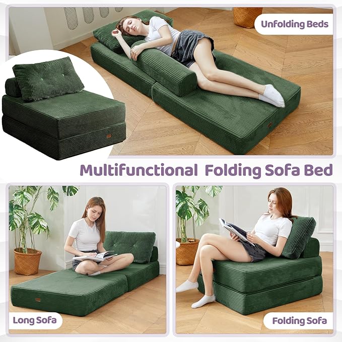 Folding Sofa Bed,3-in-1 Convertible Sleeper Chair Corduroy High-Density Foam with Pillow, Foldable Single Futon Chair for Living Room、 Bedroom 、Hotel、 Apartment, Single, Emerald Green