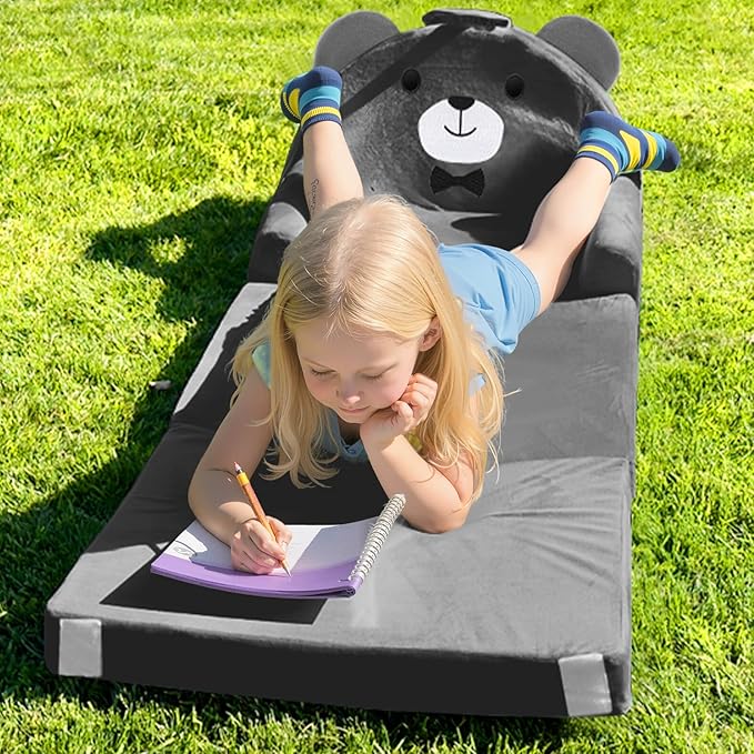 ORWIPO Kids Sofa Bed with Removable Washable Cover & Magic-Tape Backrest – Foldable Toddler Chair, Cozy Crystal Velvet Furniture for Playtime, Naps & Travel (Dark Gray, Bear Design)
