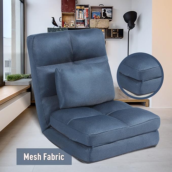 Indoor Chaise Lounge Sofa, Floor Chair with Back Support for Adults, 14 Angle Adjustment Recliner Chair, Folding Floor Lounger with Pillow 8823(Blue-2)