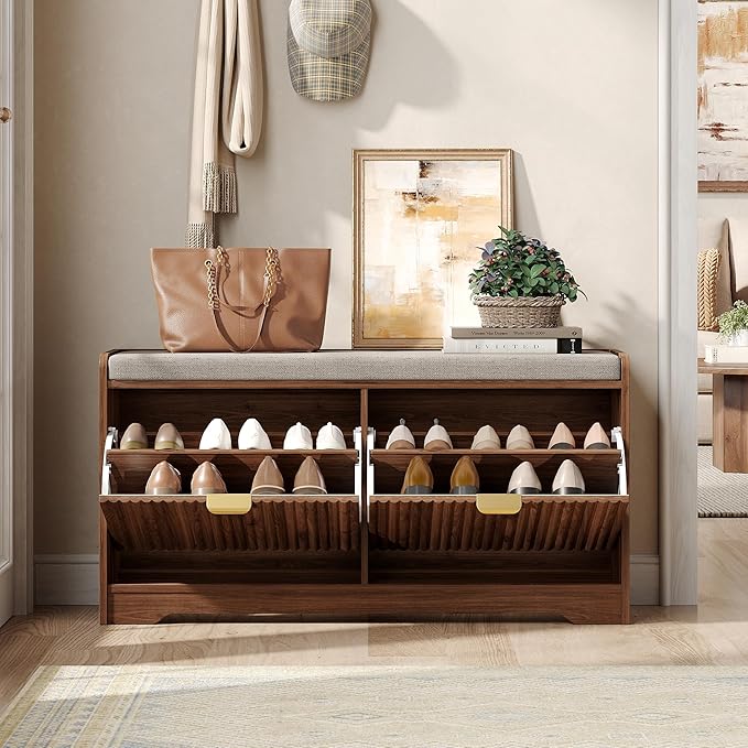 Maupvit Fluted Shoe Bench with Storage, Narrow Wooden Entryway Bench with Removable Cushion & 2 Flip-Drawers, Shoe Cabinet Bench, Farmhouse Boho Shoe Rack for Entrance, Hallway, Living Room (Walnut)