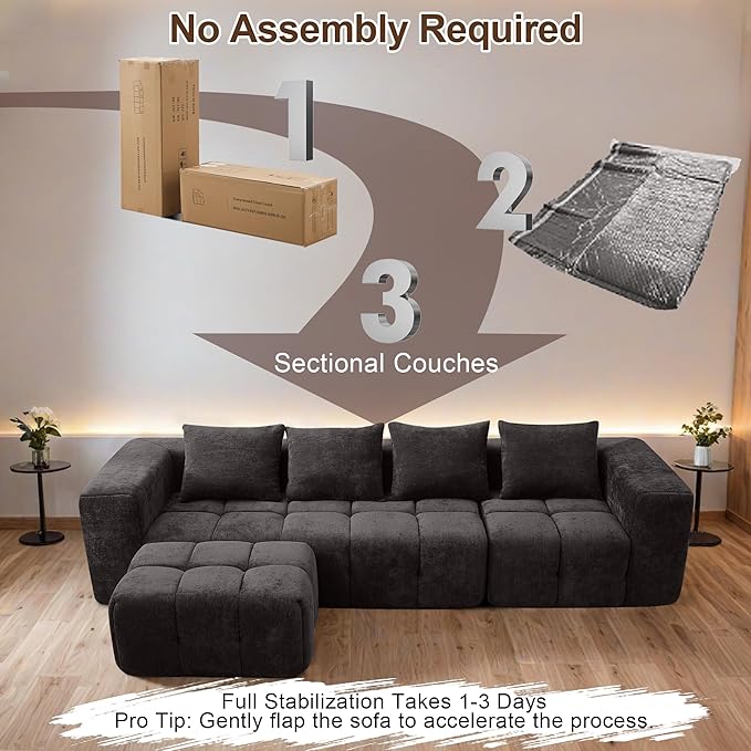 119" Boneless Couch, Cloud Sectional Couch with Deep Seat, High-Density Memory Foam and Chaise, Sectional L Shaped Sofa, Boneless Couches for Living Room, No Assembly Required Tufted Sofa, Dark Grey