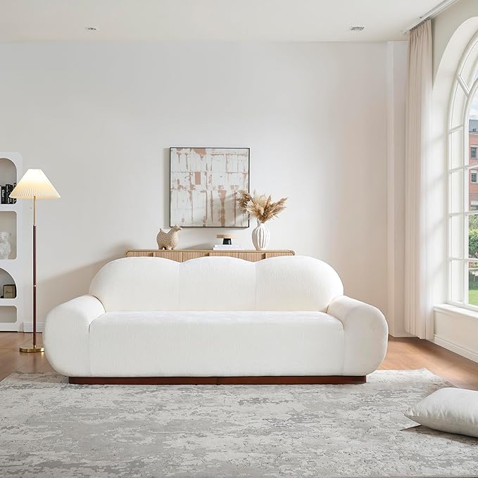 Christopher Knight Home Zera 88" Comfy Chenille Upholstered Cloud Couch, 3-Seater Sofa Couches, Low Profile Home Sofa Living Room with Round Arm, Sturdy Wooden Frame Lounge Chair Indoor, White