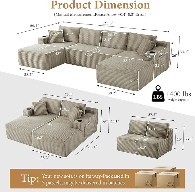 96" Sectional Couches for Living Room Cloud Couch Sofa with L-Shape Upholstered Boneless Couchs Modern Modular Sectional Couch with Chaise (Camel, 133" W+U Facing Chaise)