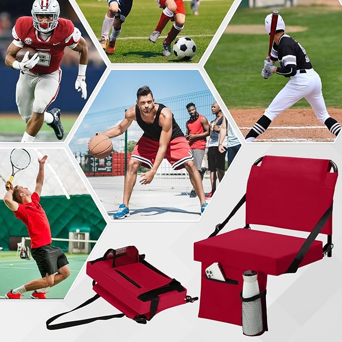 2pcs Stadium Seat for Bleachers with Back Support，Portable Bleacher Chairs with Back and Cushion，Includes Shoulder Strap and Cup Holder