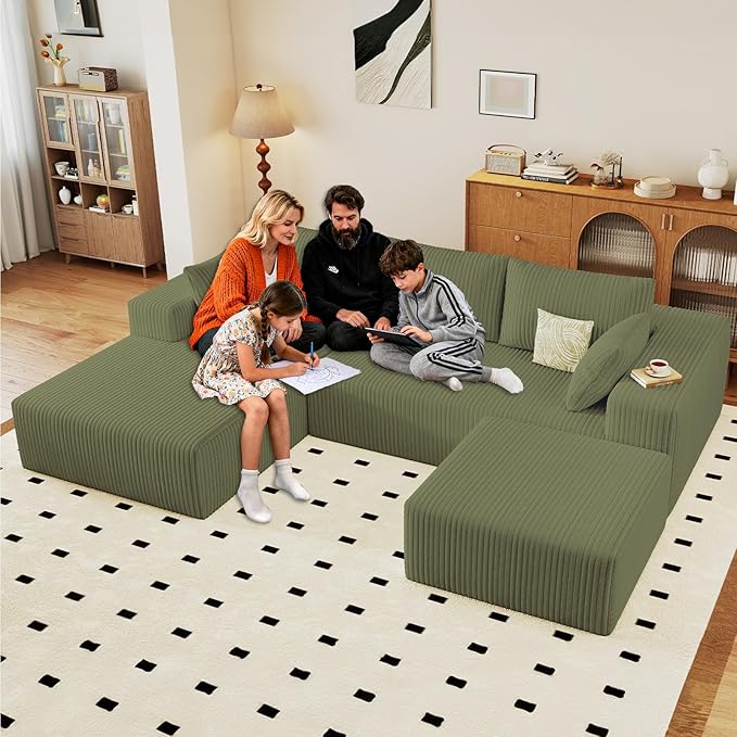 96" W Cloud Sectional Couch with Ottoman,Modern U-Shaped Cloud Couch with Deep Seat,Comfy Corduroy 3-Seater Sofa,Memory Foam Sofa for Living Room,No Assembly (Green,Left-Facing Chaise)