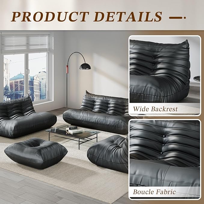 Comfy Lazy Floor Sofa Couch,Soft Armless Chair,Faux Leather Lounge Chair,Corner Relax Sofa Couch for Living Room Bedroom,Salon Office,Adults((Black+3P+1P+ Ottoman)
