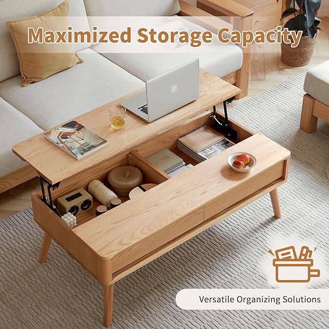 QKFF Wood Lift Top Coffee Table, 100% Solid Oak Wood Small Rising Dining Center Tables with Storage Shelf and Hidden Compartment for Living Room 48D x 26W x 26H