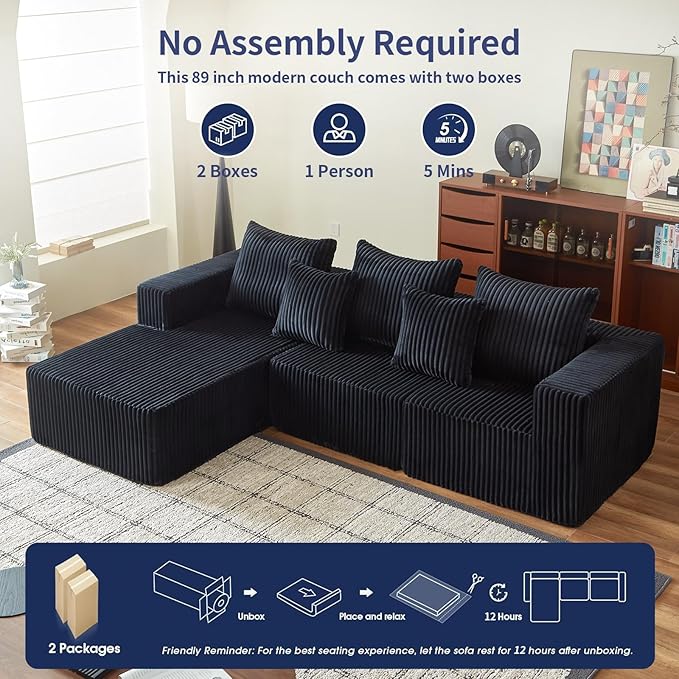 ERORVX 102" Black Couch for Living Room,Boneless Couch No Assembly Required,Comfy Couches with Oversized Chaise,Compressed Sofa for Any Room,Modern Sofa-Corduroy