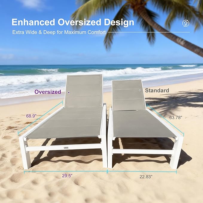 PURPLE LEAF Outdoor Oversized Chaise Lounge Set for Tall & Strong Individuals Adjustable Recliner Extra Wide Lounge Chairs with Side Table for Poolside Beach Patio Aluminum Chaise Lounger Khaki