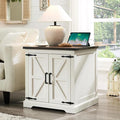 Barnyatoh Farmhouse End Table with Charging Station,24" Large Sofa Side Table with Barn Door, Rustic Wood Square Nightstand Bedside Table with Adjustable Shelf for Living Room, Bedroom,Antique White
