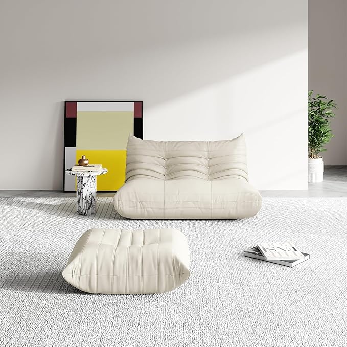 Foam Bean Bag Chairs for Adults,Big Faux Leather Bean Bag Lounger Couches, Modern Sofa,Floor Lazy Sponge Couch for Living Room Bedroom Dorm Office,Cream White