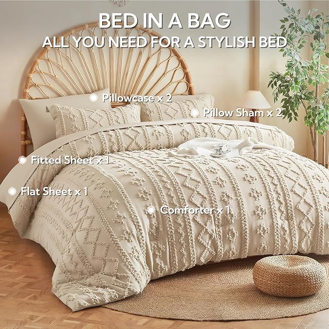 MR&HM King Size Comforter Set Beige, 7 Pieces Tufted Boho Beddding Sets, Farmhouse Style Bed in a Bag with 1 Comforter, 2 Pillow Shams, 2 Pillowcases, 1 Flat Sheet, 1 Fitted Sheet for All Seasons