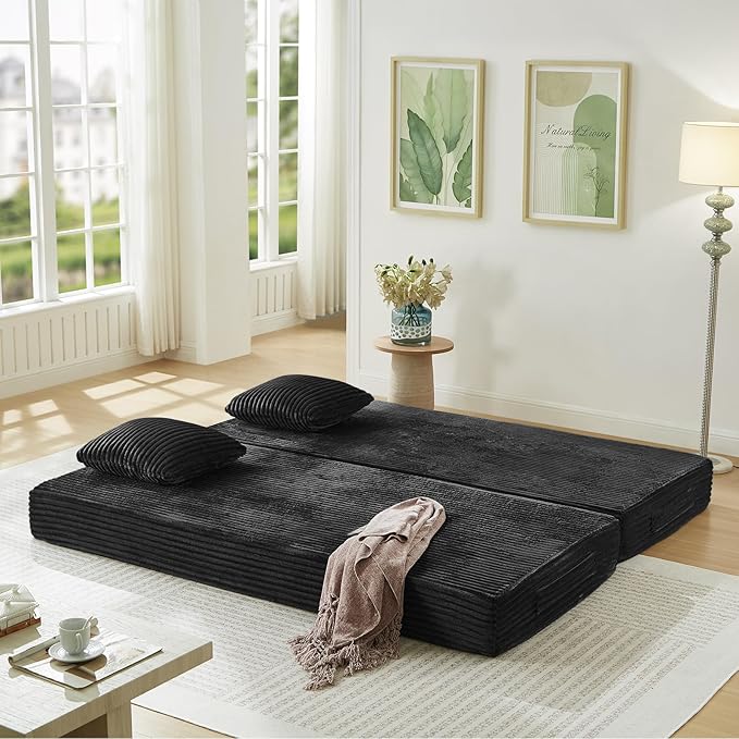 Modular Couch Bed, Convertible Folding Plush Corduroy Comfy Floor Memory Foam Compression Loveseat Sleeper Sofa Couch, King Size Bed for Guest Room Living Room Bedroom, No Assembly Required, Black