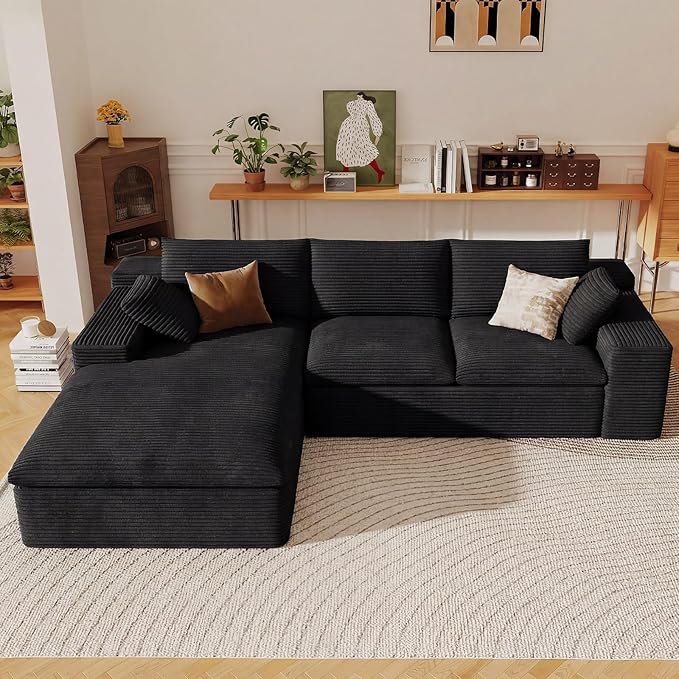 107" Cloud Sectional Couch with L-Shape Chaise, Modern Corduroy Viral Boneless Sofa for Living Room,Memory Foam Couches in a Box with Deep Seat,No Assembly Required (Black,Left-Facing Chaise)