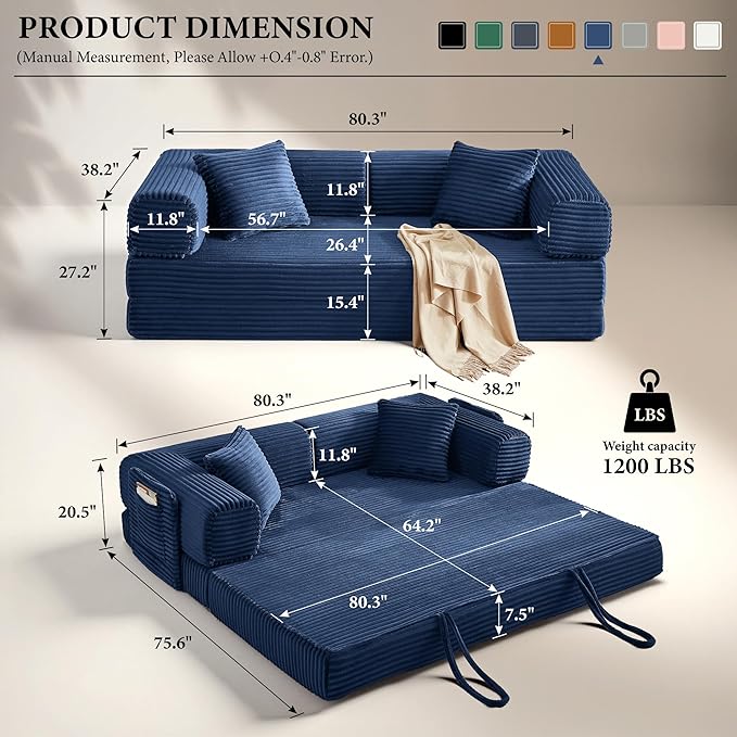 Chorlenimi Boneless Couch Futon Sofa Bed Sectional Couches for Living Room,Cloud Couch with Sleeper Sofa,Sofas for Living Room Oversized Corduroy Upholstered (Blue, 81 Inches (with Iron Frame))