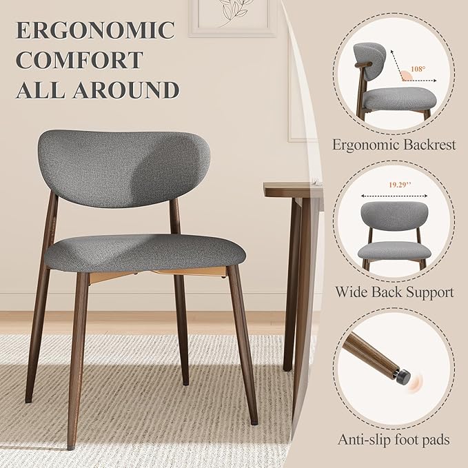MALOL Dining Chairs Set of 4, Upholstered Dining Room Chairs with Metal Legs and Anti Slip Pads, Curved Back Kitchen Chair for Home and Restaurant Use, Light Grey