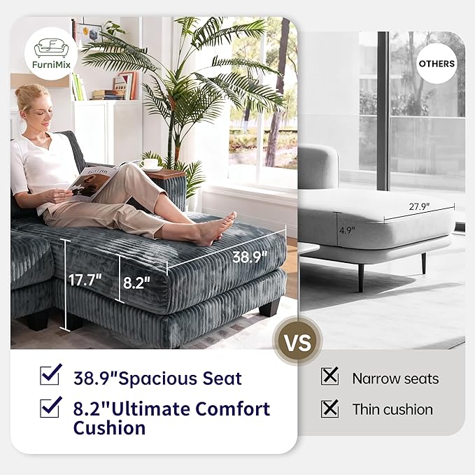 FurniMix 4-Seat Corduroy Sectional Sofa with Swappable Chaise, Soft Upholstery, Wide Seats & Armrest Storage,Gray