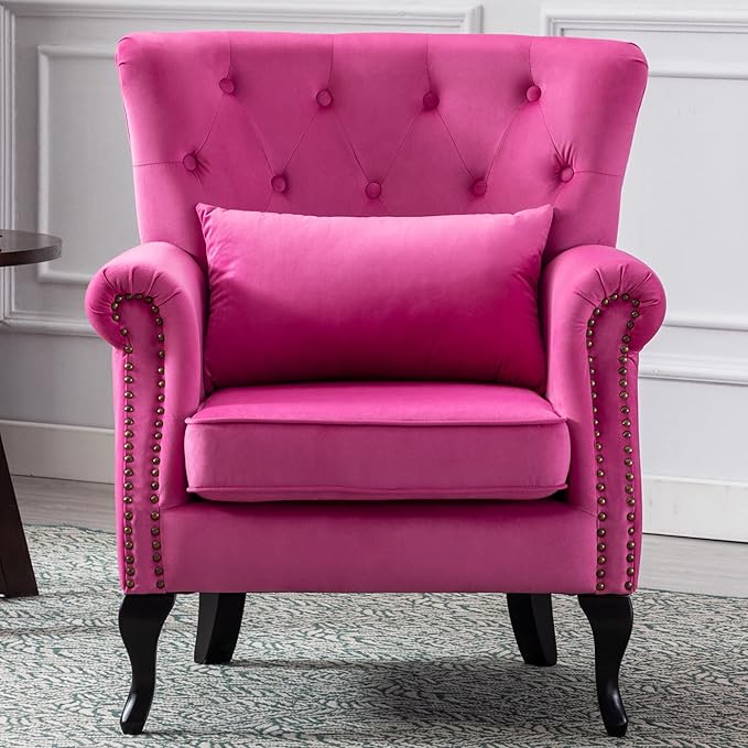 Janoray Mid Century Modern Accent Chair Upholstered Armchair Comfy Velvet Fabric Single Sofa with Tufted Wingback for Small Spaces Bedroom Living Room, Hot Pink