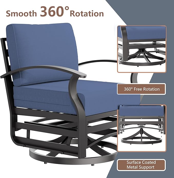 RTDTD Aluminum Outdoor Patio Furniture Set,5 Pieces 7 Seats Patio Conversation Sets with 2 Swivel Rocking Chairs,Metal Patio Sectional Furniture Set with 5.1" Thickened Cushions,Navy Blue