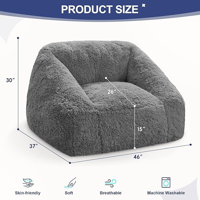 Hobestluk Bean Bag Chairs for Adults Giant Bean Bag Chair with Memory Foam Filling, Adult Beanbag for Bedroom, Living Room (Grey Plush)