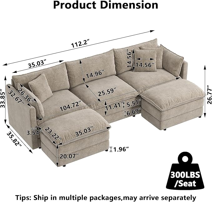 Aoowow Modular Sectional Sofa Modern Convertible U Shaped Couch,112.2 Inch Deep 3-Seater Sofas Set Comfy Chenille Cloud Sofas and Couches with Movable Ottoman for Living Room Apartment（Camel）