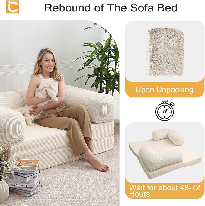 COMAX 4‑in‑1 Futon Sofa Bed Queen – Floor Foldable Convertible Sofa Couch with L‑Shaped Armrests, Removable Cover, Convertible Guest Bed | Space‑Saving Fold‑Out Mattress Lounge for Living Room, Beige