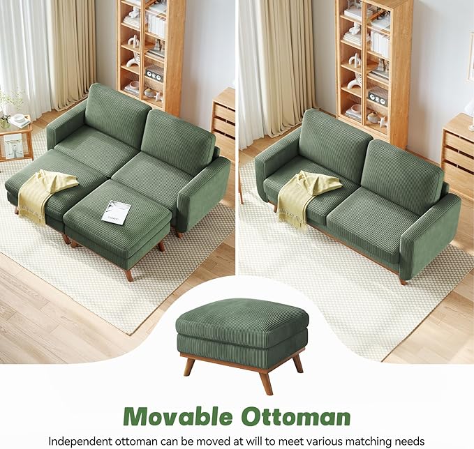 Vesgantti 68" Loveseat Sofa with Movable Ottoman, Comfy Corduroy Couch with Spring Cushion, Sofa Couch with Solid Wood, Modern Office Sofa with Deep Seat for Living Room and Bedroom, Green