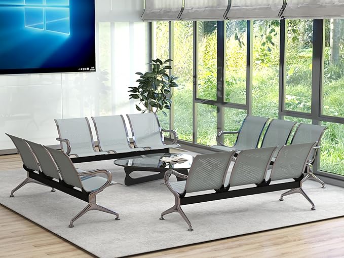 Kinsuite 3-Seat Reception Chairs - Waiting Room Chairs with Arms & Stainless Steel Frame, Waiting Room Bench Lobby Chairs for Office Airport Bank Hospital, Silver