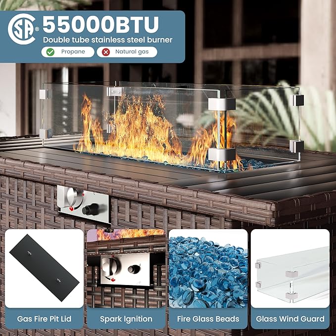 7 Piece Patio Furniture Set with Fire Pit Table, Outdoor Conversation Sets Wicker Rattan Sectional Sofa with Coffee Table, 4'' Thickened Cushion Beige (Include Waterproof Cover)