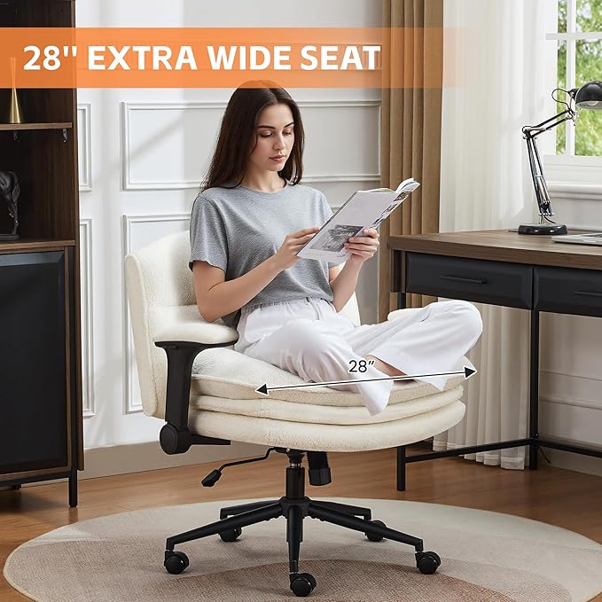 Criss Cross Chair with Flip-up Arms, Wide Criss Legged Chair with 3 Layer Cushion, Ergonomic Office Desk Chair with Wheels, Swivel Vanity Chair for Office, Living Room, Bedroom, Boucle White