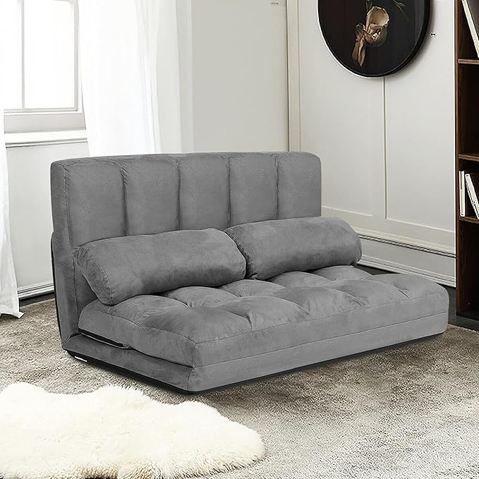 DORTALA Foldable Floor Sofa, 6-Position Adjustable Lounge Couch with 2 Pillows & Suede Cloth Cover, Modern Lounge Mattress Video Gaming Lazy Couch, Floor Seating Sofa, 71" x 44.5", Grey