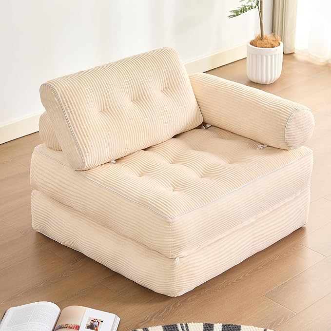 Plus Futon Sofa Bed for Small Spaces, Floor Couch with Armrest, Folding Sofa Couch, Convertible Sleeper Chair Bed with Pillow, Portable Comfy Floor Lounge for Living Room and Bedroom,White