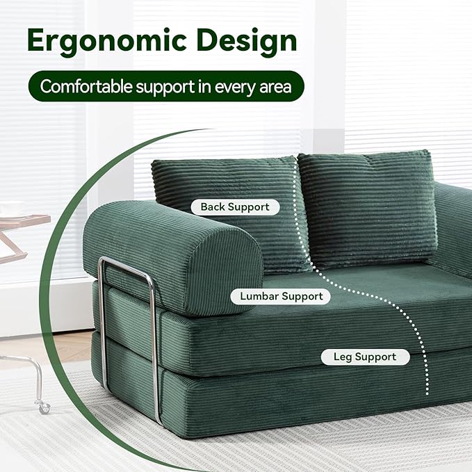 Folding Sofa Bed,63''Cozy Floor Sofa Lounge Couch, 4-in-1 Convertible Sleeper with Memory Foam, Space-Saving Floor Couch for Living Room, Bedroom, Apartment (Green)